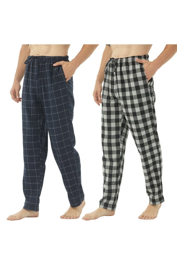 2 Pack Mens Flannel Pajamas Pants Plaid Pajama Bottoms Cotton Pj Pants for Men Sleep Loungewear, Red & Blue Plaid, Large