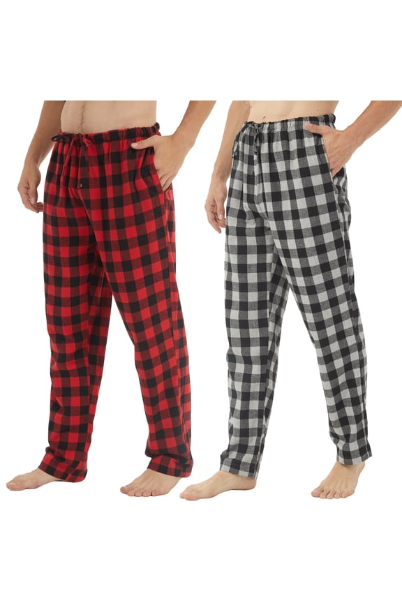 2 Pack Mens Flannel Pajamas Pants Plaid Pajama Bottoms Cotton Pj Pants for Men Sleep Loungewear, Red & Grey Plaid, Medium