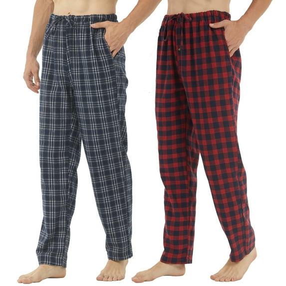 LNFINTDO 2 Pack Mens Flannel Pajamas Pants Plaid Pajama Bottoms Cotton Pj Pants for Men Sleep Loungewear, Red & Navy Stripe, Large