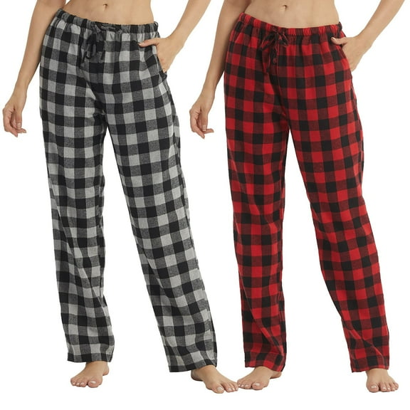 LNFINTDO 2 Pack Women's Pajamas Pants Flannel Pjs Bottoms for Sleep Loungewear Soft Comfy Cotton Pj for Women, Red & Grey Plaid, Medium