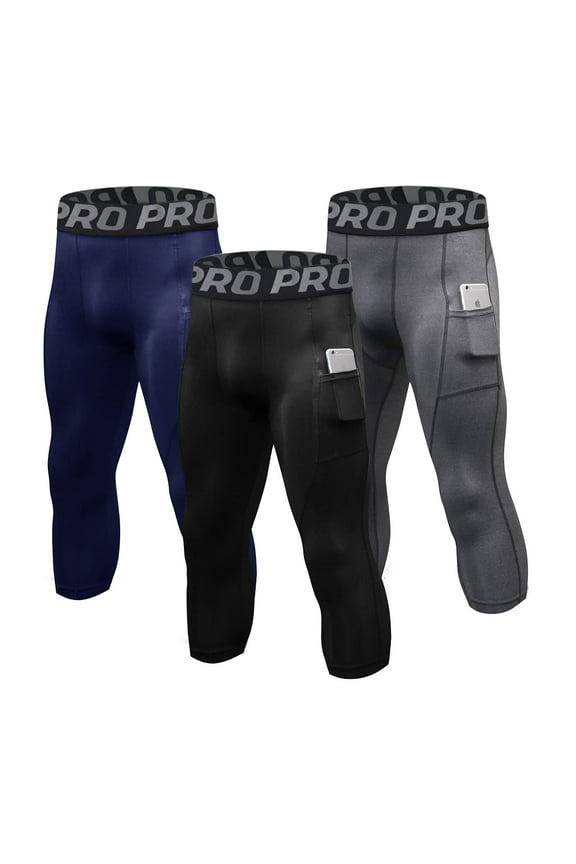 3 Pack Mens 3/4 Compression Pants Basketball Running Tights with Pockets Athletic Leggings for Sports Baselayer