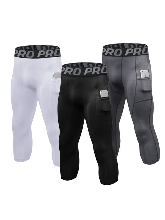 3 Pack Mens 3/4 Compression Pants Basketball Running Tights with Pockets Athletic Leggings for Sports Baselayer