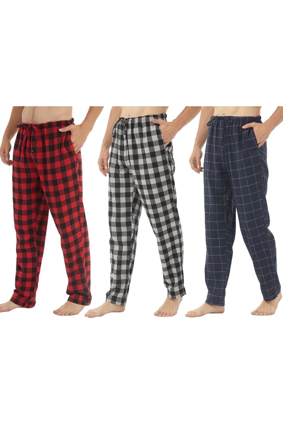 3 Pack Mens Pajama Pants Cotton Plaid Flannel Pjs Bottoms Lounge Sleepwear with Drawstring Button Fly, Red & Grey & Navy Plaid, Large