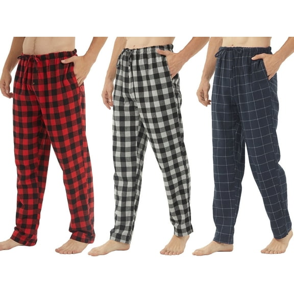 LNFINTDO 3 Pack Mens Pajama Pants Cotton Plaid Flannel Pjs Bottoms Lounge Sleepwear with Drawstring Button Fly, Red & Grey & Navy Plaid, Large
