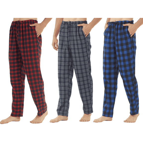 LNFINTDO 3 Pack Mens Pajama Pants Cotton Plaid Flannel Pjs Bottoms Lounge Sleepwear with Drawstring Button Fly, Red & Navy Stripe & Blue Plaid, Large