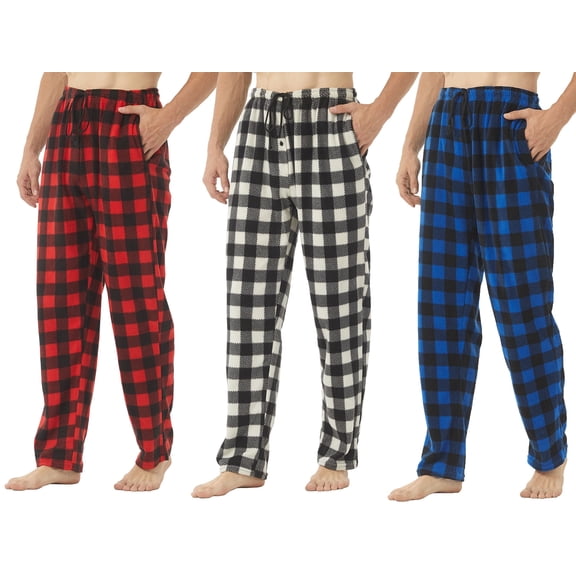 LNFINTDO 3 Pack Pajama Pants for Men Fleece Pajama Pants Plaid Pajama Pants Bottoms Soft Comfy Warm Pj Loungewear Sleep Pants, Red & Blue & White Black Plaid, Large