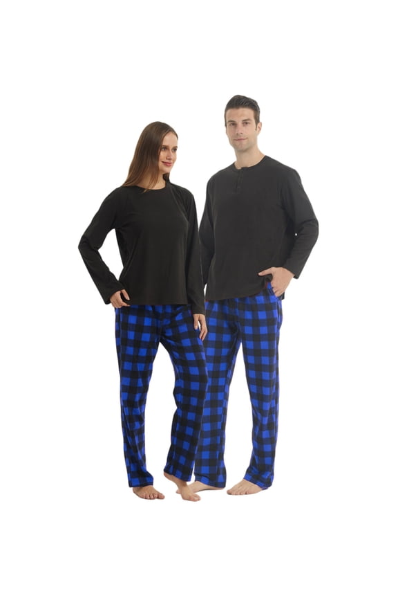 Matching Couple Pajama Set, Matching Pjs for Couples, Plaid Pajama Set for Women and Men Soft Warm Fleece Shirt and Pants Sleepwear Set, Blue Plaid, Medium