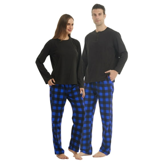 LNFINTDO Matching Couple Pajama Set, Matching Pjs for Couples, Plaid Pajama Set for Women and Men Soft Warm Fleece Shirt and Pants Sleepwear Set, Blue Plaid, Small