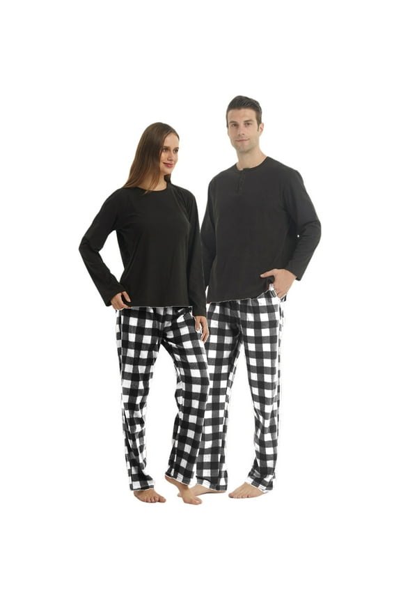 Matching Couple Pajama Set, Matching Pjs for Couples, Plaid Pajama Set for Women and Men Soft Warm Fleece Shirt and Pants Sleepwear Set, Grey Plaid, Large