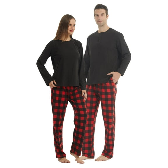 LNFINTDO Matching Couple Pajama Set, Matching Pjs for Couples, Plaid Pajama Set for Women and Men Soft Warm Fleece Shirt and Pants Sleepwear Set, Red Plaid, Large