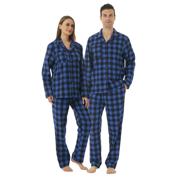 LNFINTDO Matching Couple Pajama Set, Mens and Womens Flannel Pajama Sets, Button Down Shirts & Flannel Pjs Pants, Blue Plaid, Large