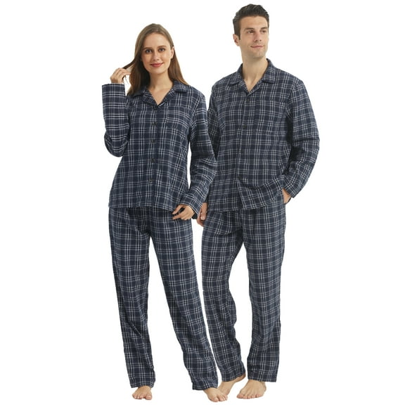 LNFINTDO Matching Couple Pajama Set, Mens and Womens Flannel Pajama Sets, Button Down Shirts & Flannel Pjs Pants, Navy Stripe, Small