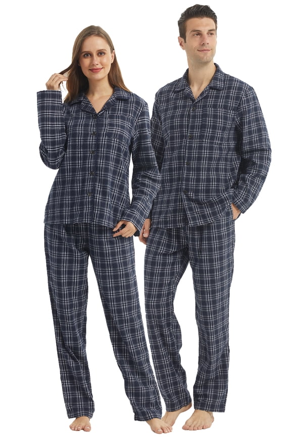 Matching Couple Pajama Set, Mens and Womens Flannel Pajama Sets, Button Down Shirts & Flannel Pjs Pants, Navy Stripe, Small