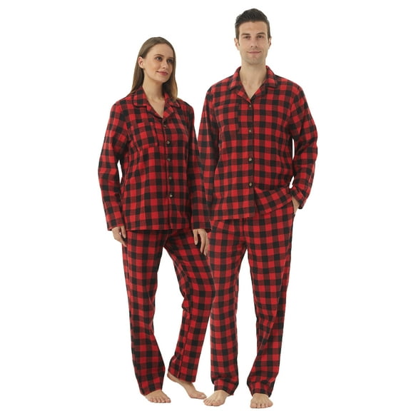 LNFINTDO Matching Couple Pajama Set, Mens and Womens Flannel Pajama Sets, Button Down Shirts & Flannel Pjs Pants, Red Plaid, Large