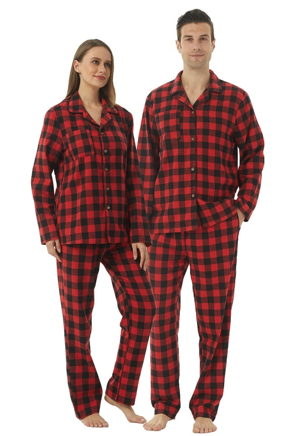 Matching Couple Pajama Set, Mens and Womens Flannel Pajama Sets, Button Down Shirts & Flannel Pjs Pants, Red Plaid, X-Large