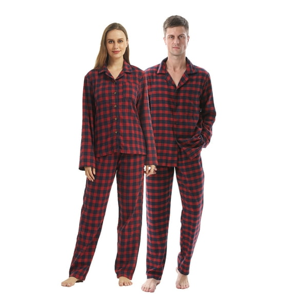 LNFINTDO Matching Couple Pajama Set, Mens and Womens Flannel Pajama Sets, Button Down Shirts & Flannel Pjs Pants, Red Stripe, Large