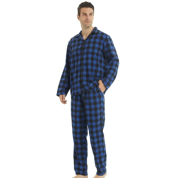 LNFINTDO Mens Flannel Pajama Sets Plaid Cotton Pajamas Pjs Set Button Down Soft Warm Lounge Sleepwear Tops & Pjs Pants, Blue Plaid, X-Large