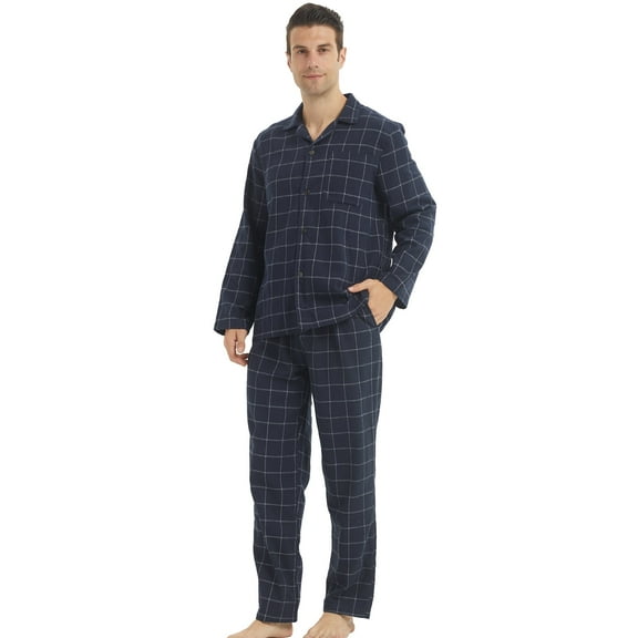 LNFINTDO Mens Flannel Pajama Sets Plaid Cotton Pajamas Pjs Set Button Down Soft Warm Lounge Sleepwear Tops & Pjs Pants, Navy Plaid, Large