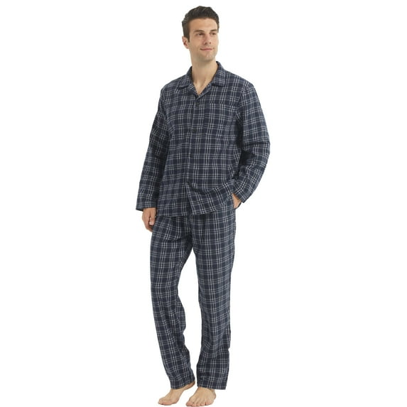 LNFINTDO Mens Flannel Pajama Sets Plaid Cotton Pajamas Pjs Set Button Down Soft Warm Lounge Sleepwear Tops & Pjs Pants, Navy Stripe, X-Large