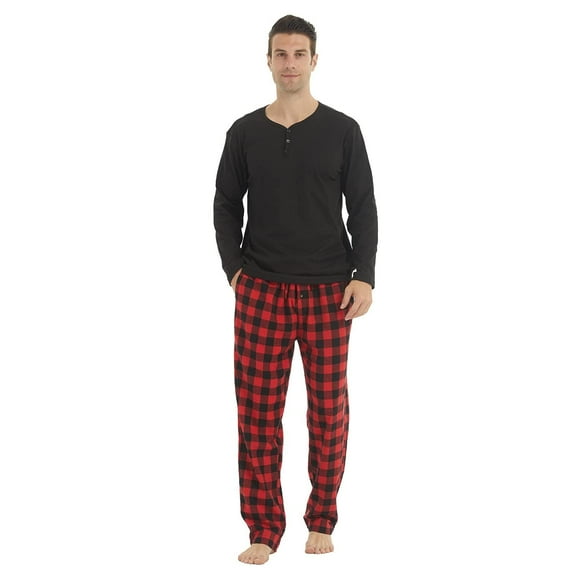 LNFINTDO Mens Pajama Sets Long Sleeve Thermal Shirts Flannel Pajama Bottoms Mens Sleep Loungewear Sets Soft Warm Plaid Pj Set for Men, Black & Red Plaid, X-Large
