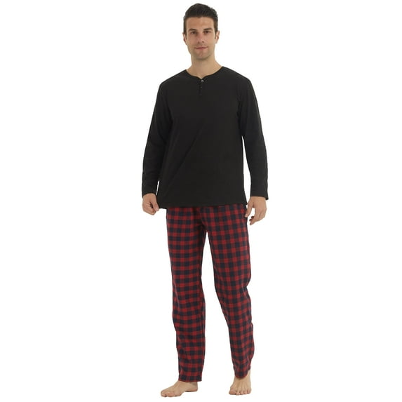 LNFINTDO Mens Pajama Sets Long Sleeve Thermal Shirts Flannel Pajama Bottoms Mens Sleep Loungewear Sets Soft Warm Plaid Pj Set for Men, Black & Red Stripe, Large