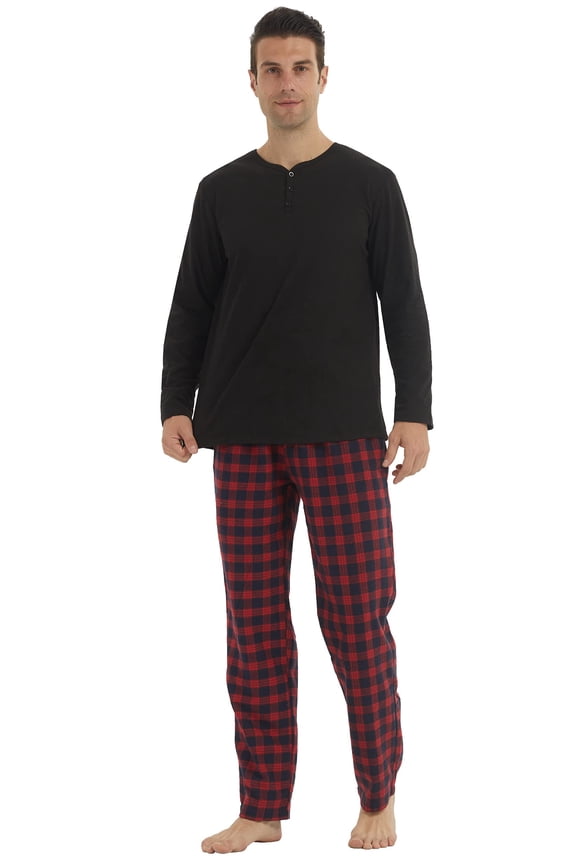 Mens Pajama Sets Long Sleeve Thermal Shirts Flannel Pajama Bottoms Mens Sleep Loungewear Sets Soft Warm Plaid Pj Set for Men, Black & Red Stripe, X-Large