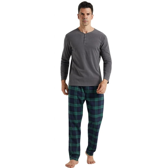 LNFINTDO Mens Pajama Sets Long Sleeve Thermal Shirts Flannel Pajama Bottoms Mens Sleep Loungewear Sets Soft Warm Plaid Pj Set for Men, Grey & Green Plaid, Medium