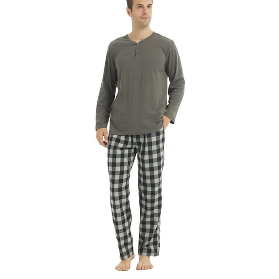 LNFINTDO Mens Pajama Sets Long Sleeve Thermal Shirts Flannel Pajama Bottoms Mens Sleep Loungewear Sets Soft Warm Plaid Pj Set for Men, Grey & Grey Plaid, Medium