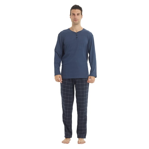 LNFINTDO Mens Pajama Sets Long Sleeve Thermal Shirts Flannel Pajama Bottoms Mens Sleep Loungewear Sets Soft Warm Plaid Pj Set for Men, Navy & Navy Plaid, Large