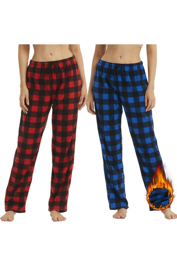 Pajamas Pants for Women Fleece Pajama Bottoms Pj Pants Soft Warm Pjs Loungwear Sleep Pants, 2 Pack, Red & Blue Plaid, Small