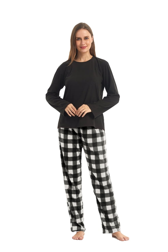 Women's Pajama Sets Ultra Soft Microfleece Long Sleeve Top & Fleece Pajama Pjs Bottoms Pajama Women Sleep Loungewear, Black & Grey Black Plaid, Large