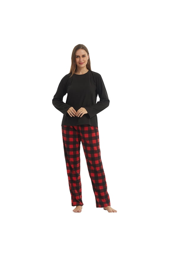 Women's Pajama Sets Ultra Soft Microfleece Long Sleeve Top & Fleece Pajama Pjs Bottoms Pajama Women Sleep Loungewear, Black & Red Black Plaid, Large