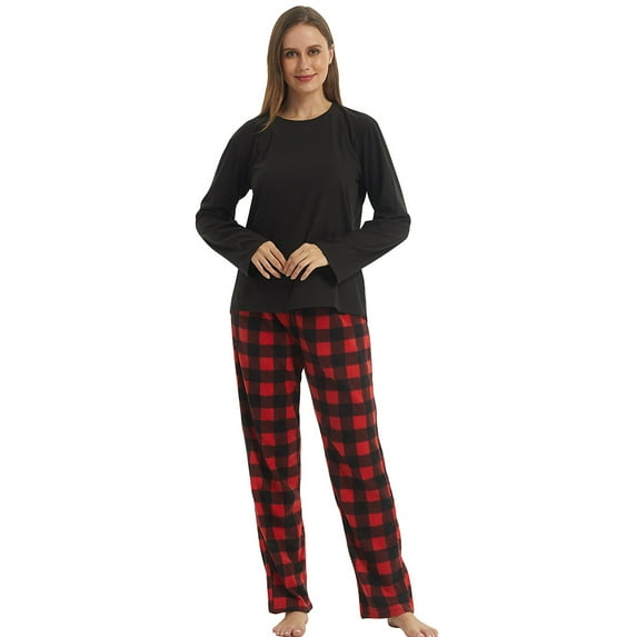 LNFINTDO Women's Pajama Sets Ultra Soft Microfleece Long Sleeve Top & Fleece Pajama Pjs Bottoms Pajama Women Sleep Loungewear, Black & Red Black Plaid, Medium