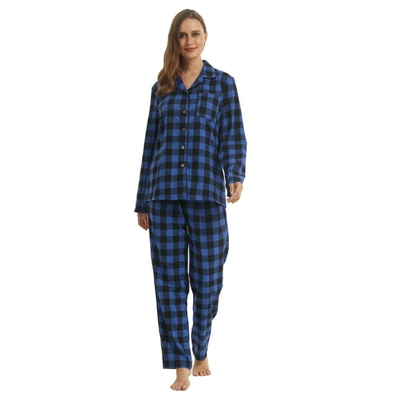 LNFINTDO Women's Pajamas Set Long Sleeve Cotton Pajama for Women Soft Pjs Set, Blue Black, Large