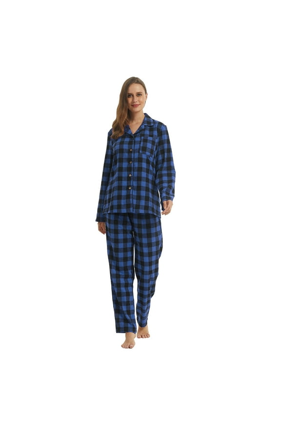 Women's Pajamas Set Long Sleeve Cotton Pajama for Women Soft Pjs Set, Blue Black, Medium