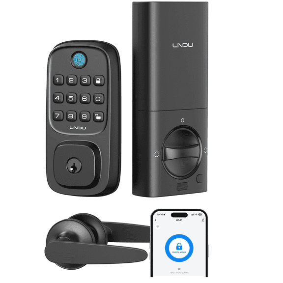 LNDU Keyless Entry Door Lock, WiFi Smart Keypad Deadbolt with Handle Set, Supports Fingerprint, Amazon Alexa, Google Assistant, App Control, Auto-Lock, One-Time Code, Anti-Peeking Password