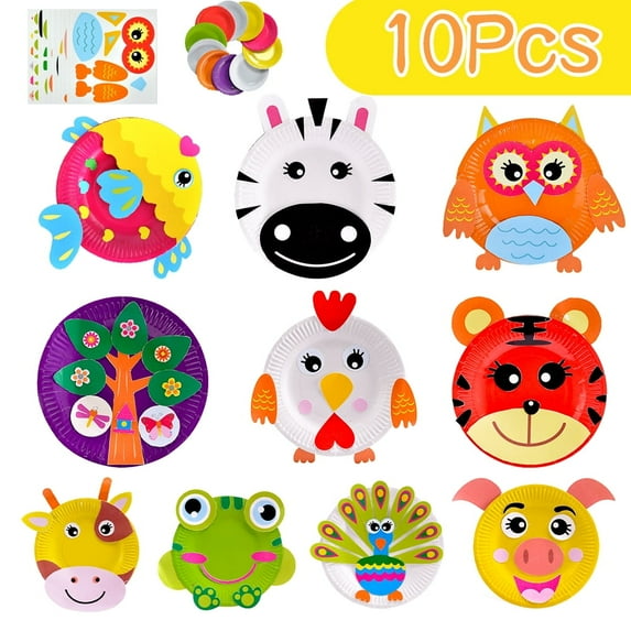 LNGOOR 10 Pcs Sticker Paper Plate Art kit for Kids Toddler Crafts Art Toys, Pattern A