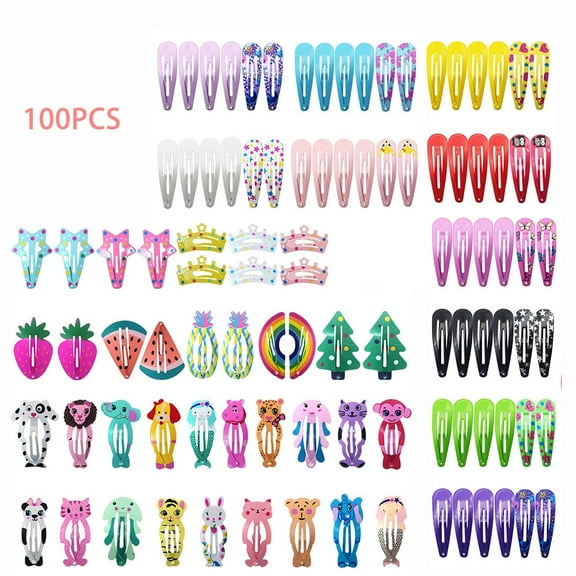 LNGOOR 100 Pcs Girls Hair Clips Barrettes,Lovely Animal Fruit Printed Pattern Metal Snap Hair Clips Cartoon Design Hairpins for Kids Teens Pets