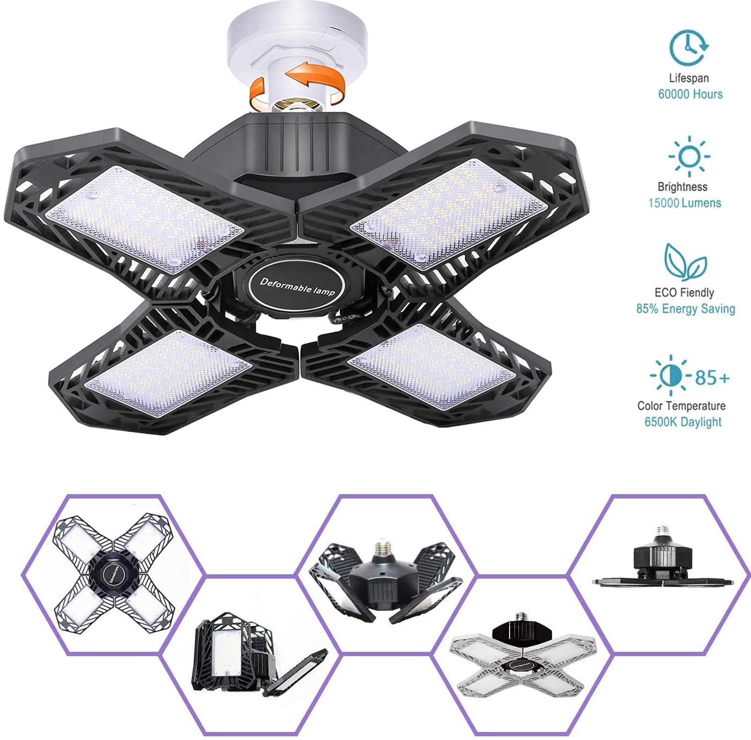 LNGOOR 150w LED Garage Lights, Upgrade 15000LM Super Bright Deformable New Four Leaf Ceiling Illumination, 6500K Nature Light Trilights Lighting, Commercial Lights for Barn, Shop, Warehouse(White)