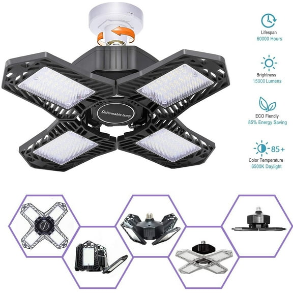LNGOOR 150w LED Garage Lights, Upgrade 15000LM Super Bright Deformable New Four Leaf Ceiling Illumination, 6500K Nature Light Trilights Lighting, Commercial Lights for Barn, Shop, Warehouse(White)