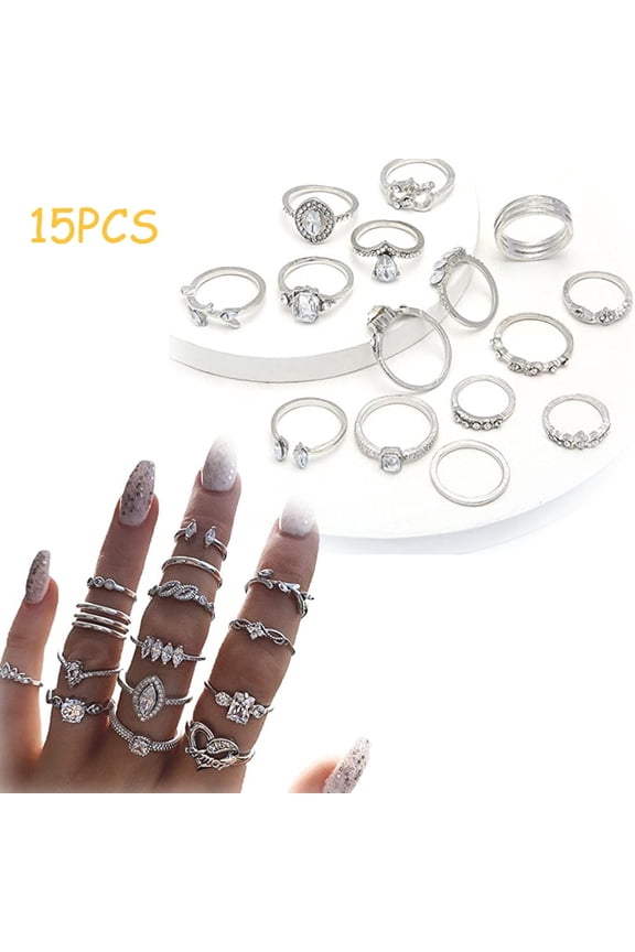 15Pcs Knuckle Stacking Rings Set for Women Crystal Rhinestone Finger Statement Ring Sets Vintage Joint Knot Mid Rings