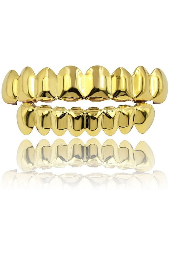 18K Plated Gold Teeth Plated Gold Finish 8 Top Teeth 8 Bottom Tooth Hip Hop Mouth Grills for Men and Women By PULMCheerger