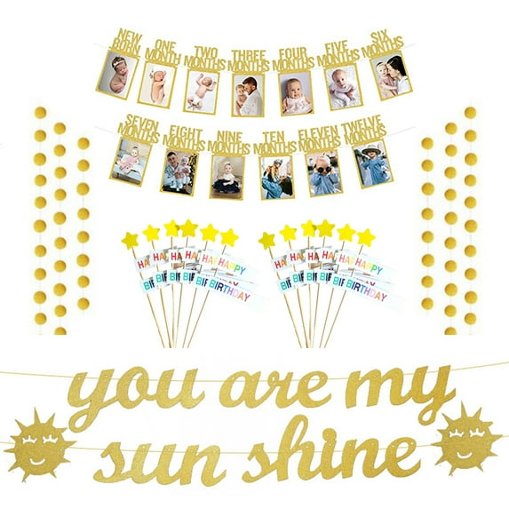 LNGOOR 1st Birthday 12 months Photo Banner, Cake Topper, Newborn to 1 Year old Monthly Milestone Picture, Baby Boy & Girl First Gold Decorations Party Supplies