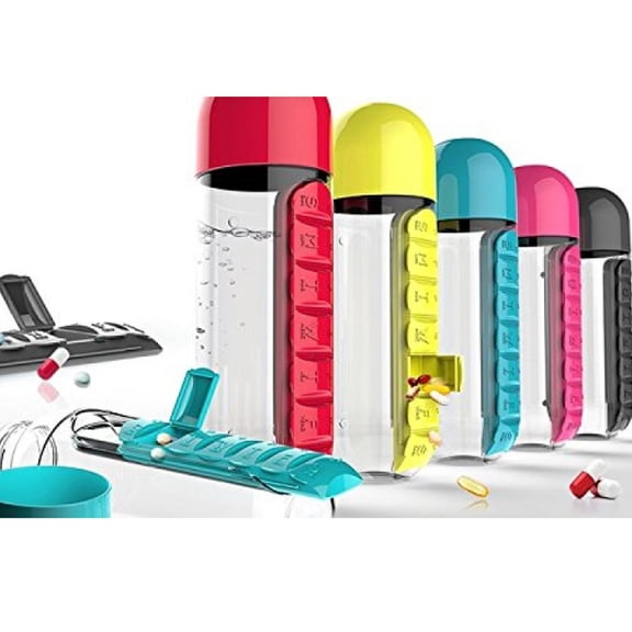 LNGOOR 2 in 1 600ml Sports Water Bottle with Pill Box Capsule Removable Daily Organiser, Red