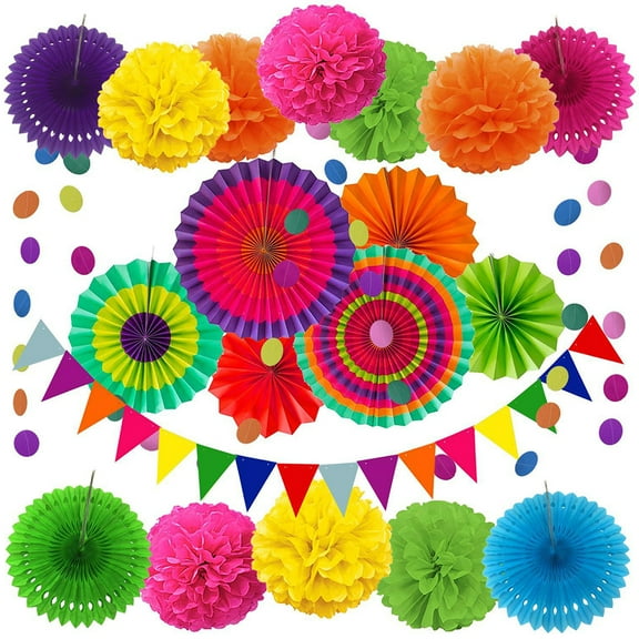LNGOOR 20pcs Fiesta Paper Fan Party Decorations Set, Mexican Party Decorations, Polka Dot and Triangle Bunting Flags for Birthday Parties Rainbow Party Multi-Color