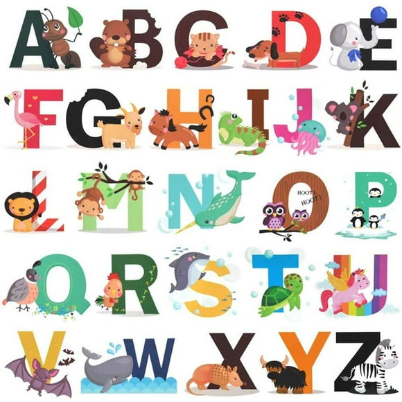 LNGOOR 26 Alphabet Wall Decals Removable Animal ABC Educational Vinyl Wall Stickers for Kids Nursery Room Bedroom Living Room Decor