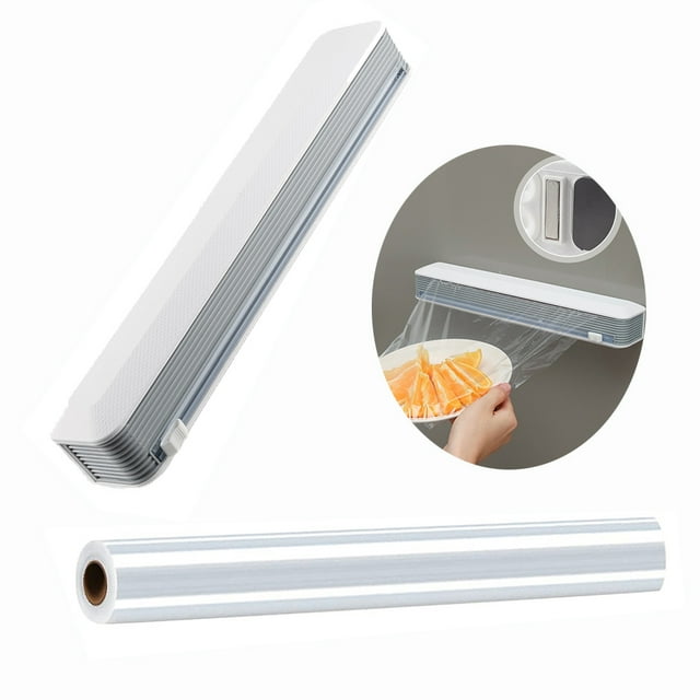 LNGOOR 2PCS Home Kitchen Supplies Cling Film Set (1*Magnetic Plastic Wrap Dispenser with Slide Cutter + 1* Food Cling Film 30CM*30M Specifications)