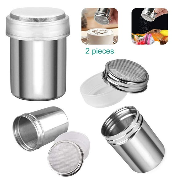 LNGOOR 2pcs Powder Shaker, Stainless Steel Fine Mesh Shaker with Lid Cinnamon Icing Sugar Powder Cocoa Flour Chocolate Coffee Sifter Sprinkler Dredgers for Coffee Cappuccino Latte