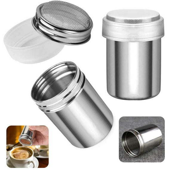 LNGOOR 2pcs Powder Sugar Shaker, Stainless Steel Fine Mesh Shaker with Lid Cinnamon Icing Sugar Powder Cocoa Flour Chocolate Coffee Sifter Sprinkler Dredgers for Coffee Cappuccino Latte