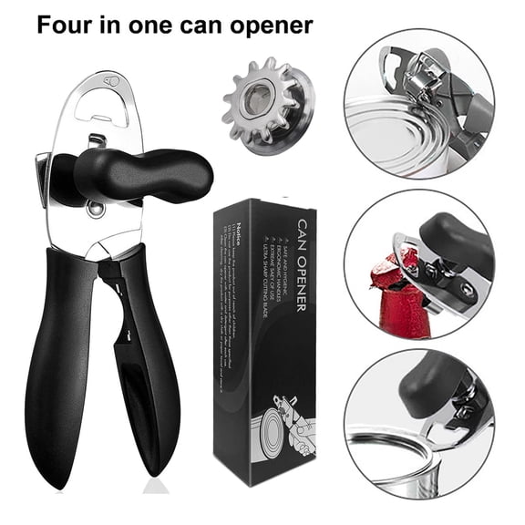 LNGOOR 4 in 1 Manual Can Openers with Non-Slip Handle and Ergonomic Turning Knob for Elderly, Tin Lids Jar Bottle Caps Openers That Producing a Dull Edge That Won’t Cut Curious Fingers or Mouths